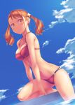  anjou_naruko ano_hi_mita_hana_no_namae_wo_bokutachi_wa_mada_shiranai. bikini blue_sky blush breasts brown_eyes cleavage cloud day dutch_angle earrings hair_ornament highres jewelry legs lens_flare medium_breasts midriff nanakusa navel one_knee orange_hair outdoors pool poolside skindentation sky soaking_feet solo star star_hair_ornament strap_gap swimsuit twintails water 