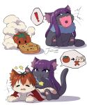  ! absurdres animal animal_focus brown_hair cat doughnut fern_(sousou_no_frieren) food grey_background highres j_humbo long_hair looking_at_viewer multicolored_hair purple_hair simple_background sitting smoke sousou_no_frieren speech_bubble spoken_exclamation_mark stark_(sousou_no_frieren) tomato two-tone_hair 