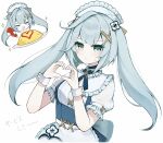  1girl :d alternate_costume apron aqua_hair back_bow blue_choker blue_ribbon blue_skirt blush bottle bow chibi choker closed_eyes closed_mouth commentary_request enmaided faruzan_(cafe)_(genshin_impact) faruzan_(genshin_impact) food frilled_apron frilled_shirt_collar frilled_sleeves frills genshin_impact green_eyes hair_between_eyes hair_ornament hands_up heart heart_hands high-waist_skirt highres holding holding_bottle ketchup ketchup_bottle long_hair looking_at_viewer maid maid_headdress multiple_views neck_ribbon nirako_mona official_alternate_costume omelet omurice open_mouth plate puffy_short_sleeves puffy_sleeves ribbon shirt short_sleeves sidelocks simple_background skirt smile sparkle suspender_skirt suspenders sweatdrop symbol-shaped_pupils translation_request triangle-shaped_pupils twintails u_u v-shaped_eyebrows waist_apron white_apron white_background white_shirt wrist_cuffs x_hair_ornament 