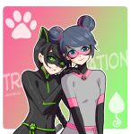  1girl animal_ears black_bodysuit black_hair black_mask blue_eyes blue_hair bodysuit braid cat_ears cat_girl closed_mouth green_eyes grey_bodysuit grey_mask highres lady_noir long_hair looking_at_viewer marinette_dupain-cheng mask miraculous_ladybug multimouse_(character) shirazisreallyshy simple_background single_braid slit_pupils smile superhero_costume 