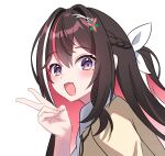  1girl azki_(4th_costume)_(hololive) azki_(hololive) black_hair colored_inner_hair fang fingernails highres hololive kumarang long_hair mole mole_under_eye multicolored_hair pink_hair purple_eyes skin_fang v virtual_youtuber white_background 