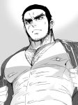  1boy beard buttons chest_hair closed_mouth ears erect_nipples facial_hair facial_scar golden_kamuy gradient gradient_background greyscale jacket looking_down mabataki male_focus monochrome muscle open_clothes open_jacket pectorals rakko-nabe scar short_hair sideburns solo tanigaki_genjirou thick_eyebrows upper_body veins 