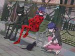  3girls animal_ears black_bodysuit black_cat black_hair black_mask blazer bodysuit braid cat cat_ears cat_girl closed_mouth green_eyes highres jacket lady_noir ladybug_(character) lb_black22 long_hair marinette_dupain-cheng mask miraculous_ladybug multiple_girls open_clothes open_jacket pants pink_pants red_bodysuit red_mask shirt short_twintails simple_background single_braid sitting slit_pupils smile superhero_costume twintails white_shirt 