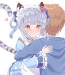  @_@ absurdres alternate_costume alternate_hairstyle amaama_(user_mepv2353) animal_ears blue_hair brown_eyes brown_hair commentary_request enmaided fang gran_(granblue_fantasy) granblue_fantasy hair_between_eyes hair_ornament hair_rings heart heart-shaped_pupils highres hug maid maid_headdress open_mouth ribbon simple_background symbol-shaped_pupils tail tiger_ears tiger_tail white_background 
