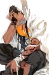  1boy arm_strap arm_tattoo bandaged_arm bandages black_hair chinese_clothes dark_skin gyou_chin highres looking_at_viewer low_ponytail male_focus muscular original pectoral_cleavage pectorals sitting sleeveless tattoo yellow_eyes 
