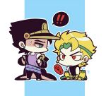  ! 2boys black_coat black_hair black_hat blonde_hair blue_eyes chibi chibi_only coat dio_brando earrings full_body hat jewelry jojo_no_kimyou_na_bouken kotorai kujo_jotaro male_focus multiple_boys no_nose outline pants red_eyes removing_coat sitting speech_bubble spoken_exclamation_mark sweatdrop translation_request white_outline yellow_pants 