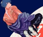  1boy bare_back blood_on_ground blue_hair clothes_pull exposed_muscle from_behind guro jacket jacket_pull jaemin107 kneeling male_focus open_clothes open_jacket original retro_artstyle shirt_down 