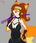 accessory anthro asami_(atfs) asami_the_furry_samurai blue_eyes canid canine clothing female fox gesture hair hand_gesture hand_on_hip headband headgear hi_res hollow_hip_dress katana looking_at_viewer mammal mcnuggetronis_(artist) melee_weapon meme meme_clothing ponytail smile solo sword v_sign weapon