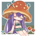  1girl bare_arms bare_shoulders bikini blue_bikini breasts character_request chibi closed_eyes closed_mouth collarbone facing_viewer feet_out_of_frame frilled_bikini frills granblue_fantasy hair_between_eyes hana_kazari highres long_hair mushroom mushroom_hat navel outline polka_dot polka_dot_bikini purple_hair sitting small_breasts solo swimsuit very_long_hair white_outline 