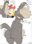 after_vore anthro anthro_pred anthro_prey belly belly_grab belly_rub big_belly big_breasts big_butt black_sclera bloated bodily_fluids body_outline braixen breasts butt canid canine canis comic describing_belly dialogue digestion digestion_noises digital_media_(artwork) dipstick_tail drooling duo ear_piercing ear_ring english_text eyewear face_imprint female female_prey fur generation_6_pokemon girly glasses grey_body grey_fur grin hi_res highlights_(coloring) holding_belly huge_belly imprint inner_ear_fluff itskorrie korrie_(character) looking_at_belly male male_pred mammal markings moobs muffled nintendo overweight overweight_male piercing pokemon pokemon_(species) rear_view ring_piercing round_glasses rumbling_stomach saliva same_size_vore shaking_butt smile speech_bubble tail tail_markings talking_to_prey text thick_thighs tuft vore weight_gain wide_hips wolf