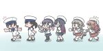  6+girls black_hair blue_neckerchief blue_sailor_collar blue_skirt brown_eyes brown_hair dress ferret-san flying_sweatdrops full_body gloves grey_eyes grey_hair hand_mirror hat hiburi_(kancolle) highres kantai_collection long_hair low_ponytail low_twintails matsuwa_(kancolle) mikura_(kancolle) mirror multiple_girls neckerchief pleated_skirt pointing puffy_short_sleeves puffy_sleeves purple_hair red_skirt sailor_collar sailor_dress sailor_hat sailor_shirt school_uniform serafuku shirt short_hair short_ponytail short_sleeves shounan_(kancolle) sidelocks skirt socks tsushima_(kancolle) twintails wavy_hair white_dress white_gloves white_hat white_socks yashiro_(kancolle) 