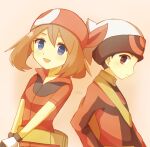  1boy 1girl :d bandana black_eyes black_gloves black_hair blue_eyes brendan_(pokemon) brown_hair closed_mouth gloves hat long_sleeves looking_at_viewer may_(pokemon) open_mouth pokemon pokemon_rse red_bandana red_shirt shirt short_sleeves smile two-tone_gloves white_gloves white_hat ymzmi 