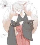  ... 1boy aged_down alternate_costume alternate_universe animal_ears arm_strap black_kimono blush chibi chibi_inset detached_sleeves embarrassed facing_to_the_side final_fantasy final_fantasy_vii final_fantasy_vii_ever_crisis fox_boy fox_ears fox_tail grey_hair hakama hand_on_own_chest hand_up hattouissenbaka highres japanese_clothes kemonomimi_mode kimono kneeling looking_at_viewer male_focus multiple_tails multiple_views red_hakama red_sash sash sephiroth short_hair sketch sleeveless sleeveless_kimono sweatdrop tail translation_request wide_sleeves 
