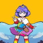  1girl ahoge bag blue_eyes blue_hair blush cape closed_mouth hairband keb00b looking_at_viewer lowres multicolored_clothes multicolored_hairband orange_background short_hair simple_background sky_print smile solo tenkyuu_chimata touhou v 