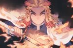  1boy black_shirt blonde_hair closed_mouth collared_shirt demon_slayer_uniform fire forked_eyebrows haori highres holding holding_sword holding_weapon jacket japanese_clothes katana kimetsu_no_yaiba long_hair long_sleeves looking_at_viewer male_focus multicolored_hair red_hair rengoku_kyoujurou shirt shirukokko smile solo streaked_hair sword thick_eyebrows translation_request two-tone_hair weapon 