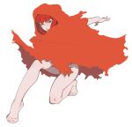  1girl absurdres bare_legs barefoot blunt_bangs cloak feet highres hood hood_up hooded_cloak implied_nudity long_hair no_pants original outstretched_arm porqueloin red_cloak red_hair simple_background solo toes white_background 