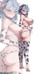 1girl ako_(blue_archive) alternate_costume anal anal_object_insertion anal_tail angry animal_ears animal_print ass bare_shoulders bell bikini blue_archive blue_eyes blue_hair blush breasts clenched_teeth cow_ears cow_girl cow_horns cow_print cow_tail cowbell elbow_gloves fake_tail from_behind full_body gloves hair_between_eyes highres horns large_breasts looking_at_viewer looking_back neck_bell object_insertion short_hair side-tie_bikini_bottom sideboob simple_background skindentation solo standing stirrup_legwear swimsuit tail teeth thighhighs thighs toeless_legwear torakami14 tying untied_bikini white_background 