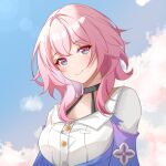  1girl black_choker blue_eyes blue_jacket blue_sky breasts bu_weizhuang buttons choker closed_mouth cloud cloudy_sky earrings hair_between_eyes honkai:_star_rail honkai_(series) jacket jewelry long_sleeves looking_at_viewer march_7th_(honkai:_star_rail) medium_hair pink_eyes pink_hair shirt skirt sky smile solo two-tone_eyes upper_body white_shirt 