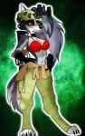 2024 4_toes anthro arm_tuft armor biped bottomwear canid canid_demon canine cargo_pants clothing countershade_fur countershade_torso countershading demon digital_media_(artwork) digitigrade elbow_tuft feet female fluffy fluffy_tail fur green_background green_bottomwear green_clothing green_pants grey_body grey_fur grey_hair gun hair headgear hellhound helluva_boss helmet heluvabadartist hi_res jacket_around_waist long_hair looking_at_viewer loona_(helluva_boss) mammal mythological_canine mythological_creature mythology night_vision_goggles pants ranged_weapon red_bikini_top red_sclera rifle shaded shoulder_tuft signature simple_background solo tactical_gear tail toes tuft weapon white_body white_eyes white_fur