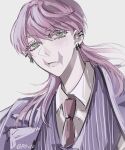  1boy ear_piercing green_eyes highres jacket looking_up male_focus necktie phyxto piercing pink_hair portrait purple_jacket sanzu_haruchiyo scar scar_on_face simple_background solo striped_clothes suit tokyo_revengers vest wolf_cut 