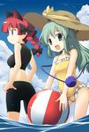  alternate_hair_length alternate_hairstyle animal_ears ass ball bare_shoulders beachball bikini bow braid casual_one-piece_swimsuit cat_ears cloud day extra_ears frilled_bikini frills fujy green_eyes green_hair hair_bow hands_on_hips hat kaenbyou_rin komeiji_koishi long_hair midriff multiple_girls one-piece_swimsuit open_mouth outdoors pointy_ears red_eyes red_hair skin_tight sky smile straw_hat swimsuit third_eye touhou twin_braids twintails water 