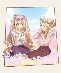  2girls bare_shoulders blonde_hair blue_shirt blue_sky blush bow braid breasts brown_eyes brown_hair brown_skirt clarice_(idolmaster) closed_eyes cloud collarbone day field flower flower_field flower_wreath frilled_shirt frills full_body hair_bow hair_ribbon hands_up idolmaster idolmaster_cinderella_girls idolmaster_cinderella_girls_starlight_stage interlocked_fingers large_breasts long_hair long_sleeves looking_at_another medium_breasts multiple_girls off-shoulder_shirt off_shoulder open_mouth outdoors own_hands_together pink_shirt pleated_skirt purple_skirt ribbon saionji_kotoka seiza shirt sidelocks sitting skirt sky smile twintails yellow_ribbon yunion_(sibujya) 