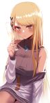  1girl absurdres alcohol black_sweater blonde_hair blush breasts champagne cup dark-skinned_female dark_skin expressionless gyaru highres holding holding_cup kaminari_qpi long_hair long_sleeves looking_at_viewer medium_breasts off_shoulder ribbed_sweater shirt simple_background sitting sleeveless sleeveless_sweater solo sweater takamiya_nao very_long_hair virtual_youtuber vspo! white_shirt 