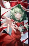  1girl absurdres arm_ribbon bow breasts dress frilled_ribbon frills front_ponytail green_eyes green_hair hair_bow highres kagiyama_hina looking_at_viewer red_bow red_dress red_ribbon ribbon smile solo touhou upper_body yukia_(yukia_777) 