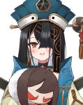  1girl absurdres black_hair blush brown_eyes doll fate/grand_order fate_(series) hair_over_one_eye hat highres looking_at_viewer medium_hair mole mole_under_eye open_mouth shimejirou_(000kk) simple_background solo upper_body white_background xu_fu_(fate) yu_mei-ren_(fate) 