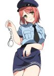  1girl black_necktie blue_shirt blue_skirt blush closed_mouth collared_shirt commentary_request contrapposto cuffs djpwjd1 handcuffs hat head_tilt highres holding holding_handcuffs looking_at_viewer love_live! love_live!_nijigasaki_high_school_idol_club necktie pencil_skirt pink_hair police police_hat police_uniform policewoman shirt short_hair short_sleeves single_sidelock skirt smile solo standing swept_bangs uehara_ayumu uniform upper_body white_background yellow_eyes 