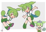  1girl :3 :d animal_ears arm_up blouse boots border bright_pupils chibi green_footwear green_hair green_shorts high-waist_shorts leaning_forward light_blue_background looking_at_viewer miyata_(lhr) open_mouth orange_eyes outside_border shirt short_sleeves shorts simple_background smile solo suspender_shorts suspenders tail voiceroid white_border white_pupils white_shirt zundamon 