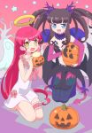  2girls :d angel angel_and_devil baozi bare_shoulders bare_tree barefoot black_pantyhose black_skirt blue_eyes boots brown_hair commentary_request demon_tail dress elbow_gloves fang flower food full_body gloves hair_down halloween halloween_costume halo hands_up holding holding_food holding_vegetable idol_clothes jack-o&#039;-lantern kneeling ku_(residual666) kurosu_aroma long_hair looking_at_viewer multiple_girls navel open_mouth pantyhose pink_flower pink_gloves pink_rose pretty_series pripara pumpkin purple_footwear red_hair rose shiratama_mikan skirt smile star_(symbol) tail thigh_strap tree twintails vegetable very_long_hair white_dress white_wings wings yellow_eyes yellow_halo 