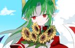  1boy blue_sky bouquet bright_pupils chocoduyou closed_mouth cloud cloudy_sky coat day demon_boy demon_horns flower frown green_hair highres holding holding_bouquet horns long_hair looking_to_the_side male_focus pale_skin parted_bangs pointy_ears puyopuyo red_coat red_eyes satan_(puyopuyo) sideways_glance sky slit_pupils solo sunflower white_pupils yellow_flower 