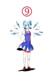  1girl blue_bow blue_dress blue_eyes blue_hair bow circled_9 cirno cirno_day closed_mouth dress fairy full_body hair_bow hand_on_own_hip ice ice_wings looking_at_viewer making-of_available naruysae red_ribbon ribbon shadow shoes short_hair short_sleeves simple_background socks solo touhou white_socks wings 