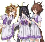  +++ 3girls agnes_tachyon_(umamusume) ahoge animal_ears arms_behind_back black_hair bow bowtie breasts brown_hair closed_mouth drop_shadow feet_out_of_frame gul_(parfaitgul) hair_ornament hand_on_own_hip highres holding holding_test_tube horse_ears horse_girl horse_tail jam_(umamusume) jungle_pocket_(umamusume) leg_up long_hair looking_at_another looking_at_viewer manhattan_cafe_(umamusume) multiple_girls notched_ear open_mouth purple_shirt red_eyes sailor_collar school_uniform shirt short_hair short_sleeves simple_background skirt small_breasts smile standing sweatdrop tail test_tube thighhighs tracen_school_uniform umamusume white_background white_skirt white_thighhighs yellow_eyes 