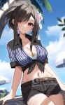  1girl absurdres blue_sky blush breasts brown_hair cleavage cloud collarbone day final_fantasy final_fantasy_vii final_fantasy_vii_rebirth final_fantasy_vii_remake highres large_breasts long_hair looking_at_viewer navel outdoors red_eyes sky smile solo suiroh_(shideoukami) thighs tifa_lockhart 