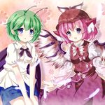  :o animal_ears antennae bad_id bad_pixiv_id blue_eyes blush brown_dress dress dress_shirt feathers frilled_sleeves frills geso_(nekomachi) green_hair hat highres long_sleeves multiple_girls mystia_lorelei pink_hair shirt short_hair short_sleeves touhou v_arms wings wriggle_nightbug 