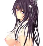  blush breasts flower hair_flower hair_ornament hair_ribbon kanzaki_kaori large_breasts long_hair misako12003 nipples open_mouth purple_eyes purple_hair ribbon shirt shirt_lift solo to_aru_majutsu_no_index wet wet_clothes wet_hair wet_shirt 