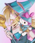  1girl absurdres bare_shoulders blonde_hair blush blush_stickers breasts choker cleavage dark_magician_girl duel_monster green_eyes hair_between_eyes hat highres holding holding_wand large_breasts long_hair my_melody sanrio smile staff uuu_ygo wand wizard_hat yu-gi-oh! yu-gi-oh!_duel_monsters 