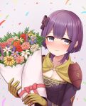  1girl absurdres armor atorie bernadetta_von_varley blush bob_cut bouquet closed_mouth collarbone commentary_request confetti dress fire_emblem fire_emblem:_three_houses flower gloves grey_eyes hair_ribbon highres holding holding_bouquet leaf looking_at_viewer pauldrons purple_dress purple_flower purple_hair purple_ribbon red_flower ribbon short_hair shoulder_armor simple_background solo white_background white_flower yellow_flower yellow_gloves 