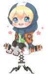  1girl animification apex_legends blonde_hair blue_bodysuit blue_eyes blue_gloves blush bodysuit chibi gloves hood hood_down hood_up hooded_bodysuit jacket knee_pads lightning_bolt_symbol nessie_(respawn) open_mouth orange_jacket ribbed_bodysuit roki._(user_vkdn7485) scar scar_on_cheek scar_on_face shoes simple_background sitting smile sneakers solo star_(symbol) stuffed_toy wattson_(apex_legends) white_background white_bodysuit white_footwear 