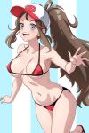  1girl asairosora baseball_cap bikini blue_eyes breasts brown_hair cowboy_shot hat high_ponytail highres hilda_(pokemon) large_breasts long_hair open_mouth poke_ball_print pokemon ponytail red_bikini smile solo striped_background swimsuit teeth upper_teeth_only white_hat 