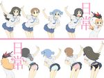  5girls aioi_yuuko animal artist_request ass black_cat black_cat_(animal) black_hair black_panties blonde_hair blue_hair brown_hair cat comparison dancing from_behind hakase_(nichijou) hand_on_hip hand_on_waist highres labcoat logo minakami_mai multiple_girls naganohara_mio necktie nichijou panties pantyshot pointing pointing_to_the_sky pointing_up polka_dot polka_dot_panties print_panties professor_shinonome sakamoto_(nichijou) school_uniform serafuku shinonome_nano side-tie_panties skirt smile strawberry_panties strawberry_print striped striped_panties underwear upskirt winding_key 