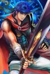  1boy blue_eyes blue_hair cape fingerless_gloves fire_emblem fire_emblem:_radiant_dawn gloves headband highres holding holding_sword holding_weapon ike_(fire_emblem) kyel_hyde male_focus muscular muscular_male solo sword weapon 