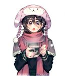  1girl absurdres animal_ear_headwear animal_hat black_hair bleach chappy cup hair_between_eyes hat highres holding holding_cup kuchiki_rukia long_sleeves looking_at_viewer mug open_mouth pink_scarf purple_eyes scarf shawl solo steam upper_body white_background winter_clothes xi_luo_an_ya 