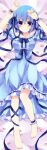  1girl absurdres alternate_costume barefoot bed_sheet blue_dress blue_ribbon bluestar_iz breasts claire_elford collarbone dakimakura_(medium) dress feathers frilled_dress frilled_wrist_cuffs frills full_body hair_between_eyes hair_ribbon hands_up highres large_breasts leg_ribbon light_blush looking_at_viewer official_art pink_feathers ribbon short_hair smile solo thigh_ribbon witch&#039;s_heart wrist_cuffs 