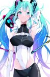  1girl absurdres aqua_eyes aqua_hair armpits gloves goma_irasuto gym_shirt hatsune_miku highres holding holding_megaphone long_hair looking_at_viewer megaphone multicolored_hair purple_hair shirt smile solo two-tone_hair vocaloid white_gloves 