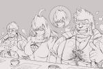  1girl 2boys :d absurdres bara bare_pectorals beard breast_conscious breast_envy breasts comparison eru_(eruprior) facial_hair feathered_wings full_beard girl_staring_at_guys_chest_(meme) glasses greyscale happy harpy highres jacket jewelry jinn_(housamo) large_breasts large_pectorals looking_at_another mature_male meme monochrome monster_girl multiple_boys muscular muscular_male neck_fur necklace pectorals pointing pointing_at_self shell shell_necklace short_hair size_difference smile strongman_waist thick_beard thick_chest_hair tokyo_afterschool_summoners track_jacket unibrow upper_body wings ziz_(housamo) 