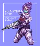  apex_legends assault_rifle blue_eyes bodysuit breasts character_name copyright_name gun hair_bun head_tilt holding holding_gun holding_weapon looking_at_viewer mask medium_breasts mikepo mouth_mask official_alternate_costume purple_background purple_hair quarantine_722_wraith r-301_carbine rifle single_hair_bun twitter_username typo v-shaped_eyebrows weapon weapon_name white_bodysuit wraith_(apex_legends) 