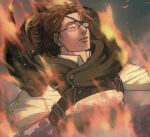  1other brown_hair burning_clothes death embers eyepatch glasses goggles hange_zoe highres jacket milkmachiato other_focus outstretched_arms paradis_military_uniform shingeki_no_kyojin smile spoilers spread_arms upper_body 